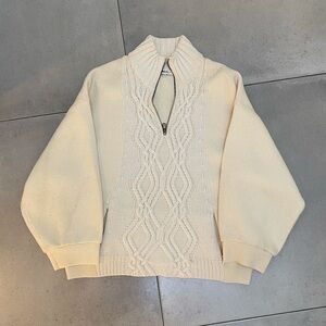 3.1 Phillip Lim: 100% Wool Half Zip Oversized Turtle Neck Sweater, Off White, XS